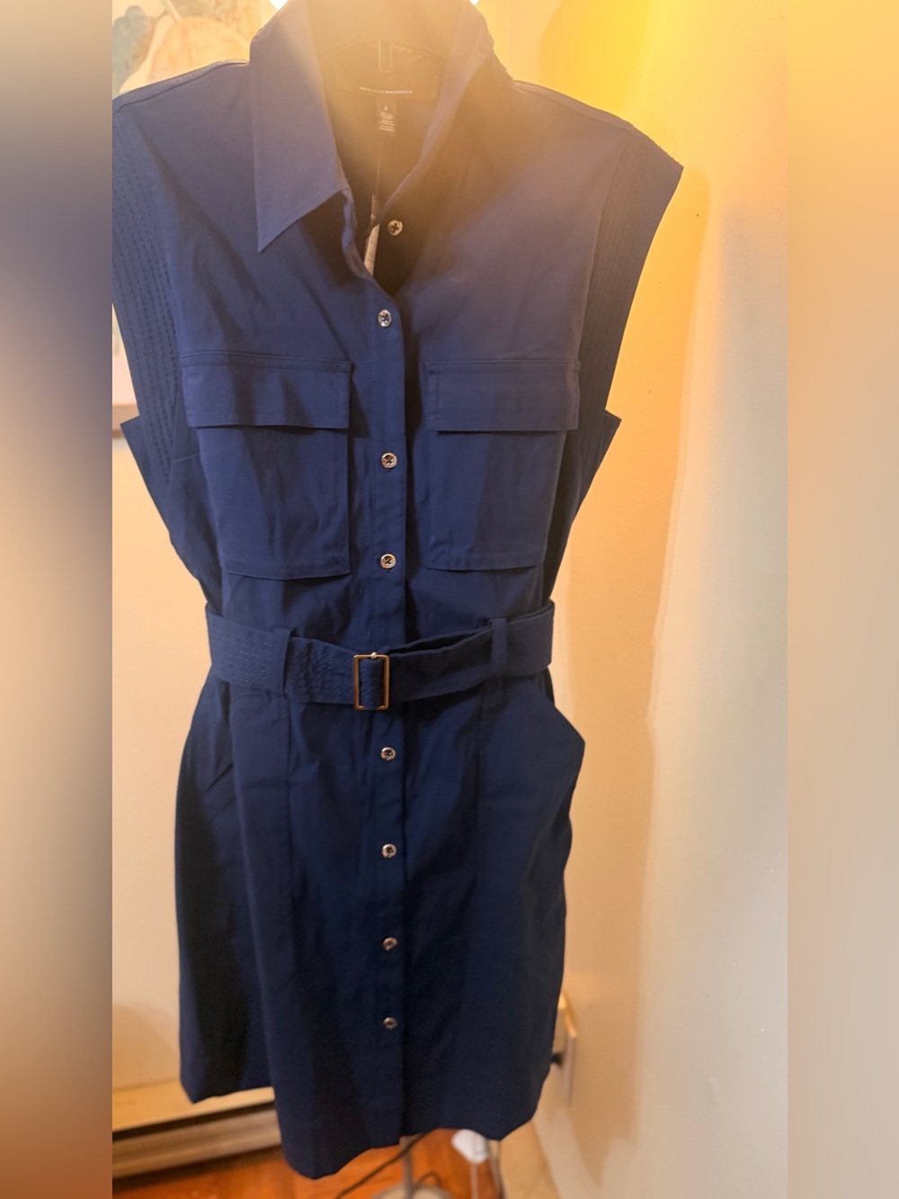 White House Black Market Navy Sleeveless Belted Shirt Dress NWT